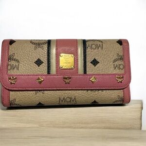 MCM Visetos Pink and Tan Trifold Wallet with Gold Accents